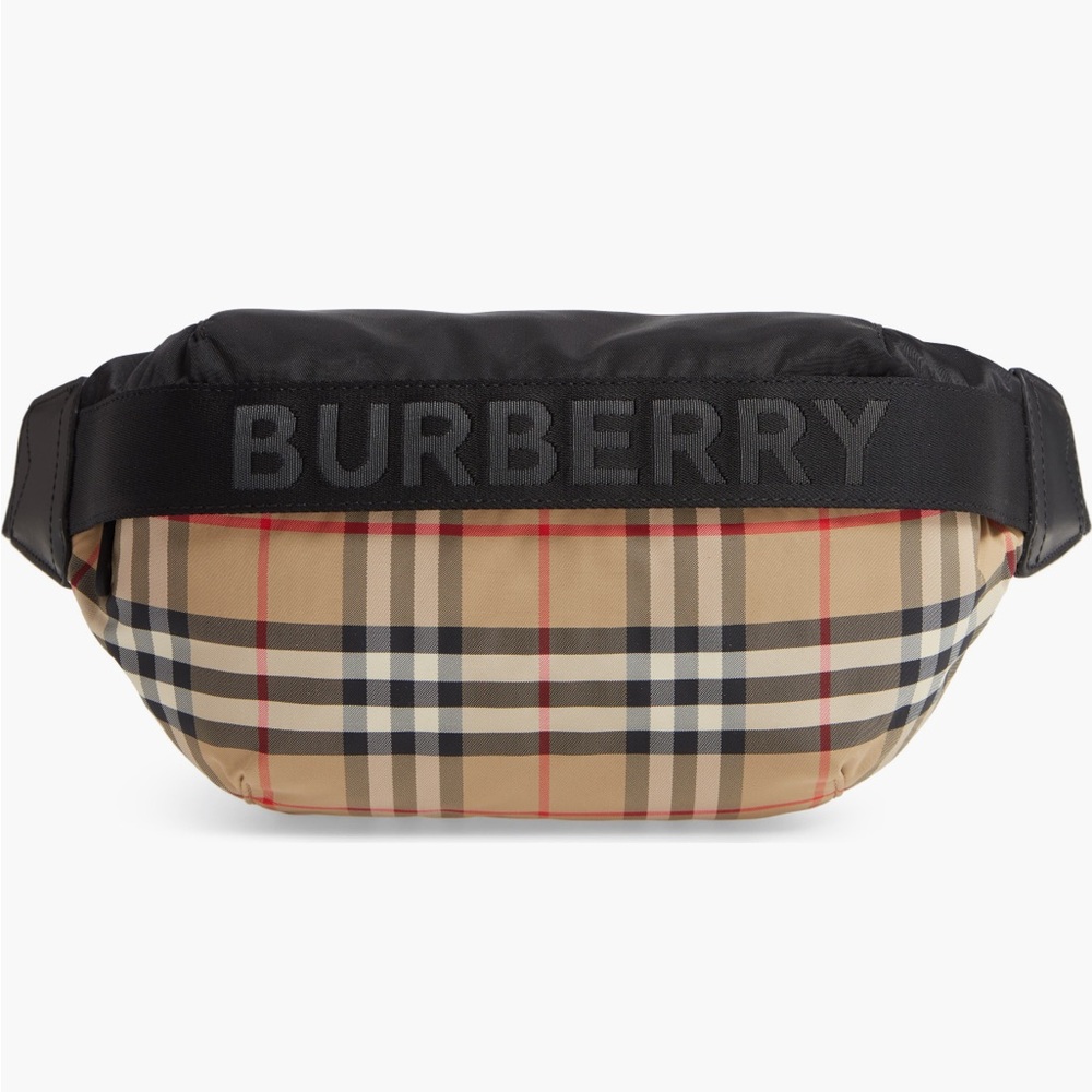 Burberry Black and Tan Checkered belt bag.